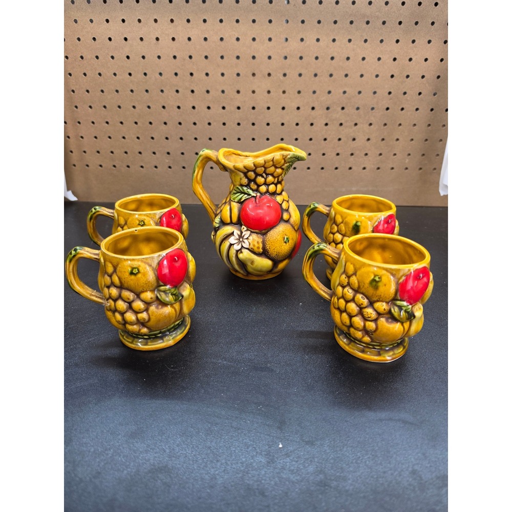 Vintage Ceramic Fruit Pitcher and 4 Mug Set Yellow Relief Harvest C1927 Retro